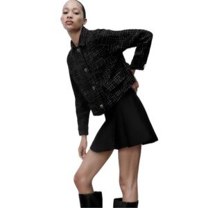 Zara NWT Black and White Tweed Zipper and Button Jacket Size Small